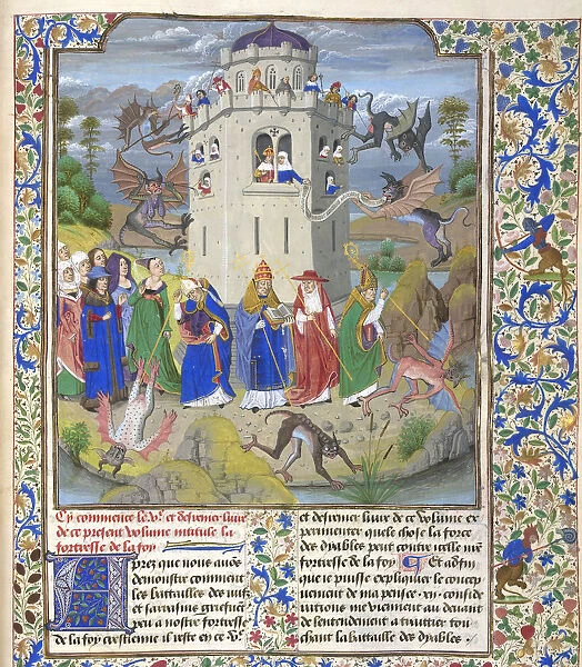 Fortress of Faith (Miniature of the Saints Gregory, Augustine, Jerome, and Ambrose fighting demons), Late 15th cen Artist: Liedet, Loyset (1420-1479)