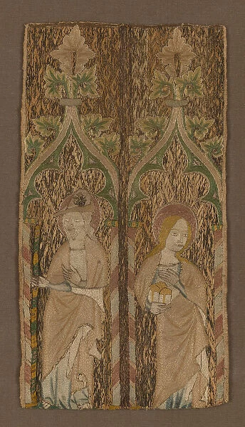 Fragment from an Orphrey Band Showing St. Barbara and St. James, England, 1350  /  1400