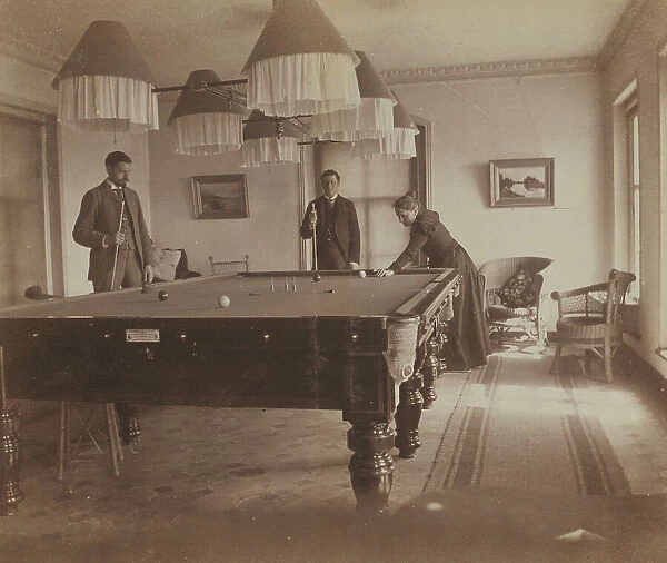 Fredericks Pray, David M Clarkson, and Sarah E Smith, posed by the billiard table... Russia, 1899. Creator: Eleanor Lord Pray