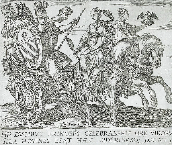 Frontispiece with Minerva in a Chariot Driven by Prudence and Charity (Horses of Different...), 1590 Creator: Antonio Tempesta