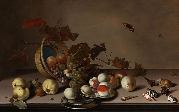 Fruit still life with wicker basket, mussels and butterfly, First Half of 17th cen
