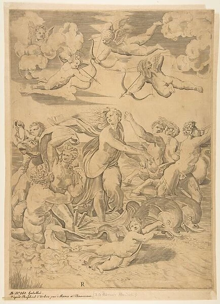 Galatea riding in a shell pulled through the water by dolphins, a cupid below and f