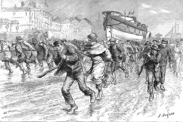 The Gales on the South Coast - Dragging the Lifeboat from Brighton to Portslade, 1891. Creator: G Durand