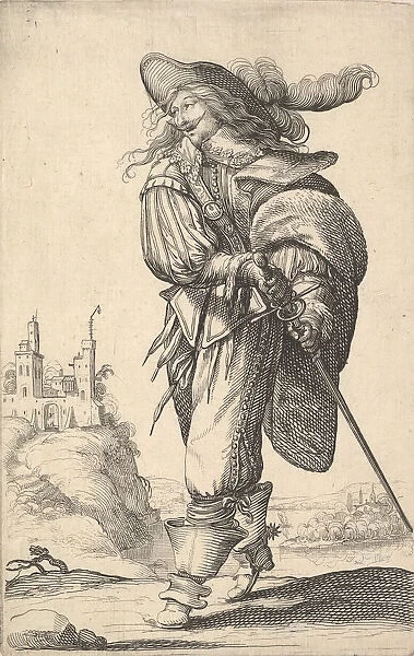 A gentleman, walking towards the left and drawing his sword from the sheath