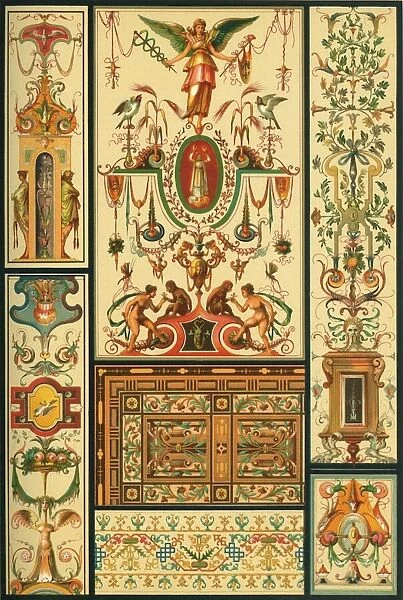 German Renaissance ceiling and wall painting, wood mosaic and embroidery, (1898). Creator: Unknown
