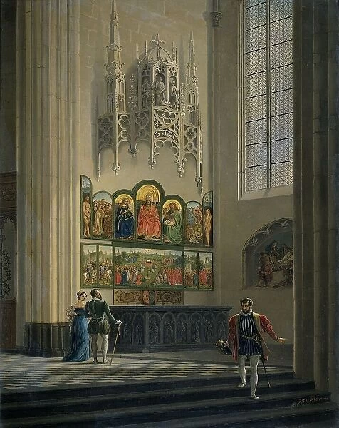 The Ghent Altarpiece by the van Eyck Brothers in St Bavo Cathedral in Ghent, 1829. Creator: Pieter-Frans De Noter