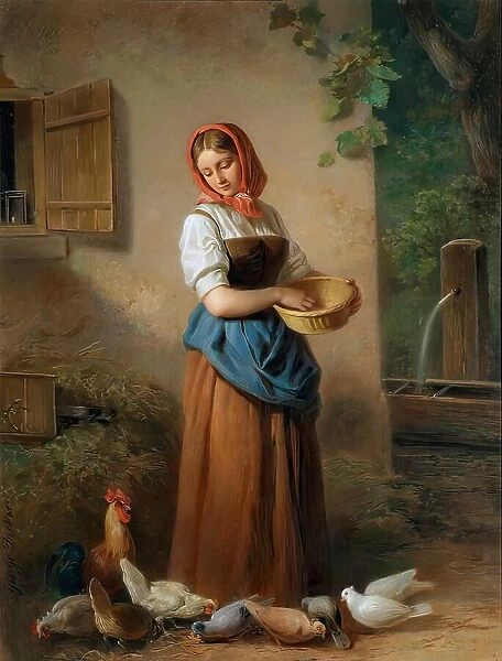 A girl feeding chickens and pigeons, around 1850 / 1855. Creator: Georg Decker