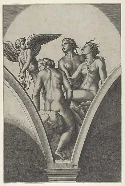 The Three Graces sitting on clouds, cupid at the left, after Raphaels fresco in th... ca. 1517-20. Creator: Marcantonio Raimondi