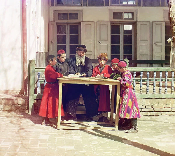 Group of Jewish children with a teacher, Samarkand, between 1905 and 1915. Creator: Sergey Mikhaylovich Prokudin-Gorsky