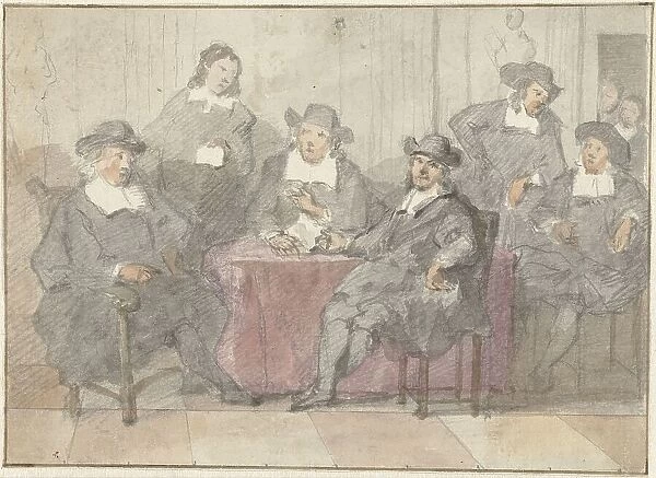 Group portrait of six men sitting and standing around a table, 1700-1800. Creator: Anon