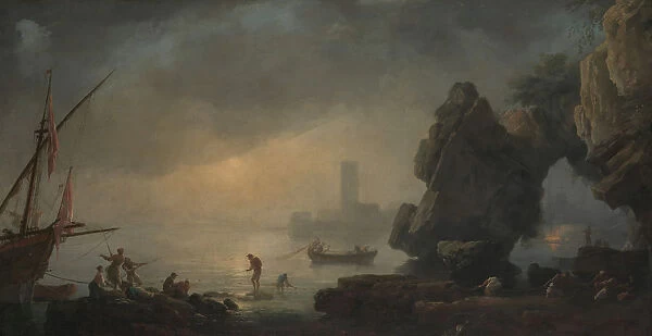Harbor Scene with a Grotto and Fishermen Hauling in Nets. Creator: Unknown