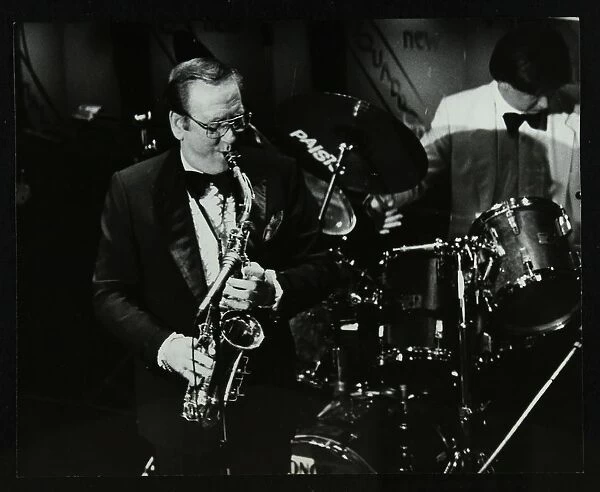 Harry Bence playing the saxophone at the Forum Theatre, Hatfield, Hertfordshire, 1984