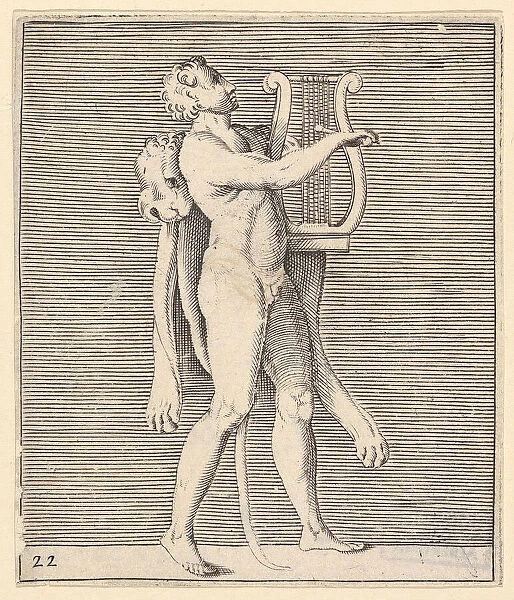 Hercules playing a lyre, a lionskin draped over his shoulder, published ca. 1599-1622