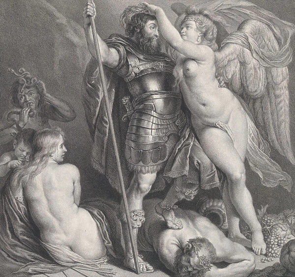 Hero crowned by Victory, who places a laurel wreath on his head, Venus and Cupid at