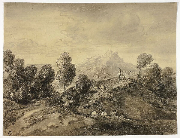 Hilly Landscape with Shepherd and Flock, n.d. Creator: Unknown