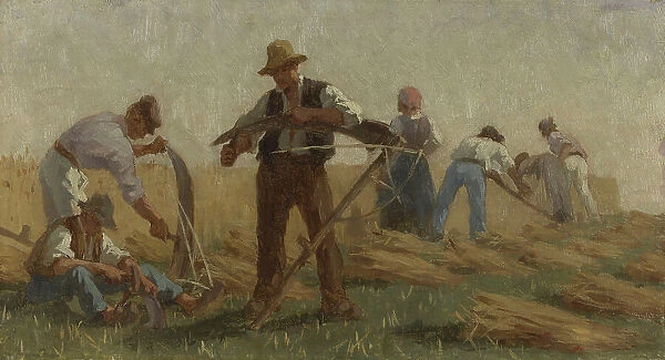 History of wheat: Harvesters sharpening their scythes. Sketch for the drawing room in the... 1879. Creator: Paul Albert Baudouin