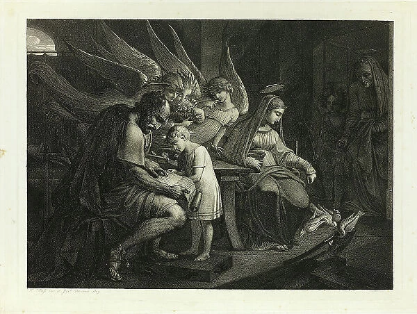 The Holy Family Busy at Home: Joseph Teaches the Boy Jesus to Read. Mary Feeds the Pigeons... 1809. Creator: Carl Russ
