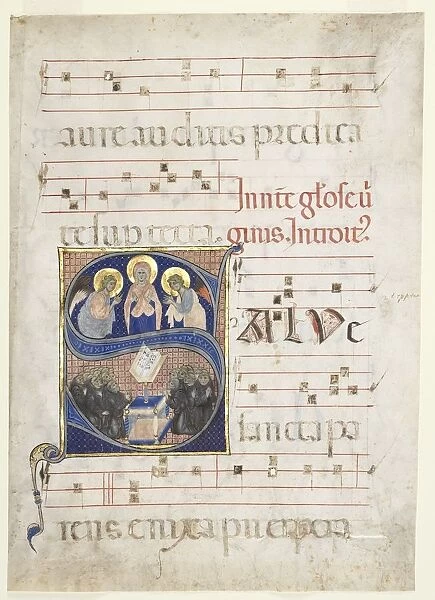 Initial S[alve sancta parens] with the Virgin Adored by Angels, and Singing Benedictine Monks