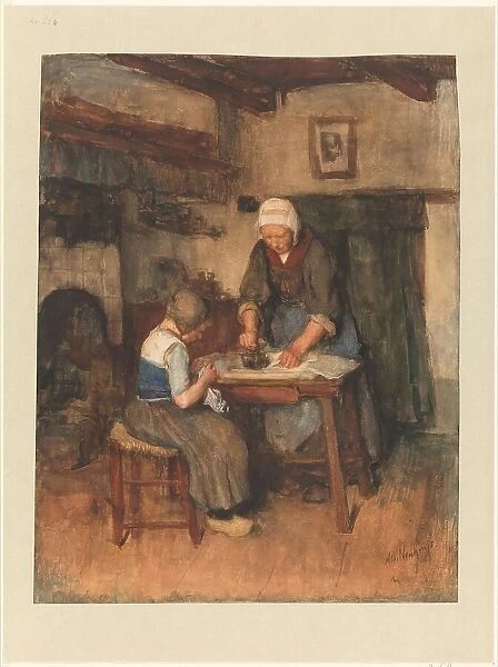 Interior with woman ironing and a child sewing, 1854-1914. Creator: Albert Neuhuys