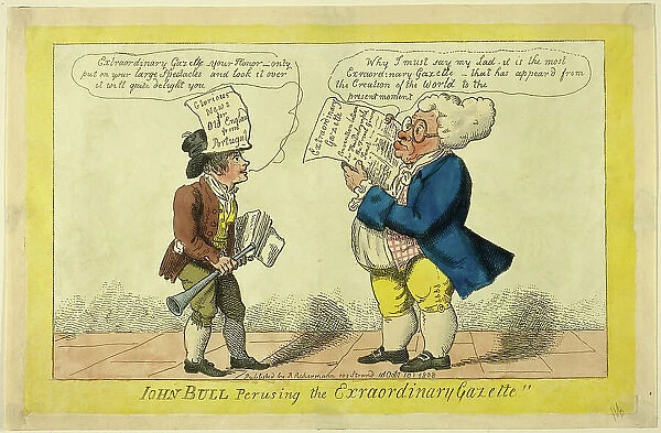 John Bull Perusing the Extraordinary Gazette, published October 10, 1808. Creator: Isaac Cruikshank
