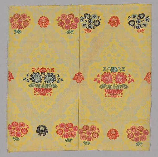 Two Joined Panels of Brocaded Yellow Furnishing Wool, England, c. 1720s. Creator: Unknown