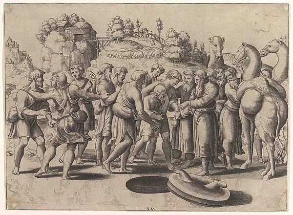 Joseph in the centre being sold by his brothers standing above a well