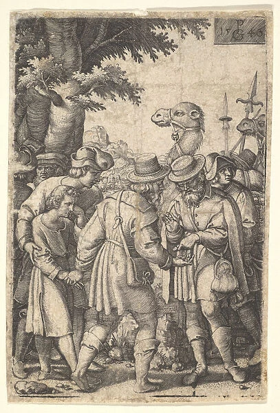 Joseph sold to the merchants: a bearded man grasping Joseph with his left hand receives