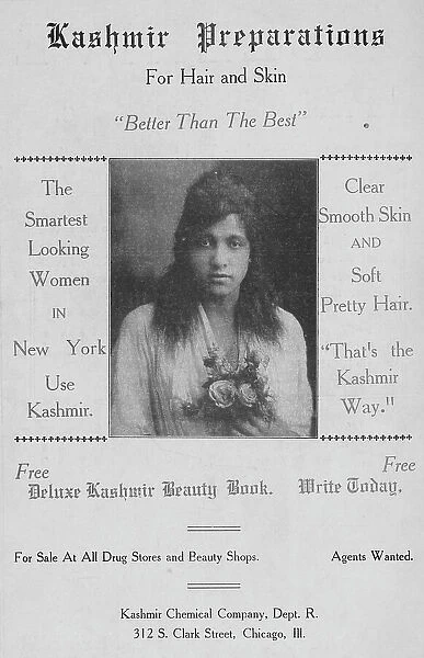 Kashmir preparations for hair and skin; Kashmir Chemical Company, Dept. R.; 312 S... 1918-1922. Creator: Unknown