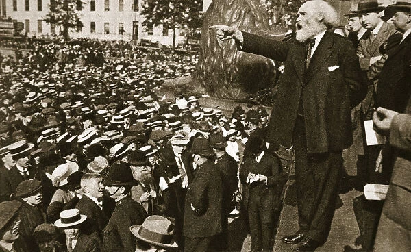 Keir Hardie speaking at a peace rally in Trafalgar Square, 2nd August, 1914. Artist