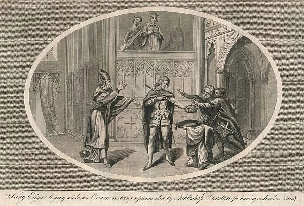 King Edgar laying aside his crown on being repremanded by Archbishop Dunstan, c960s (1793)
