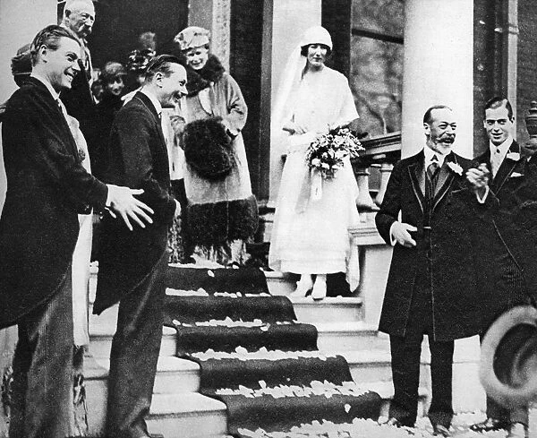 King George V waves good wishes to Princess Maud as she leaves for her honeymoon, 1923
