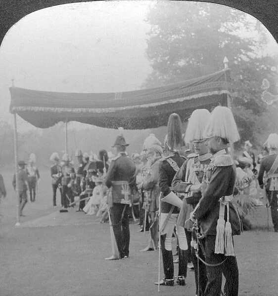 The King presenting Coronation medals, Buckingham Palace, London. Artist: Excelsior Stereoscopic Tours