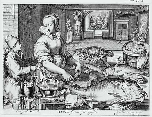 Kitchen Scene with Kitchen Maid Preparing Fish, Christ at Emmaus in the Background, fr... ca. 1603. Creator: Jacob Matham