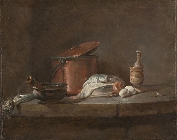 Kitchen Utensils with Leeks, Fish, and Eggs, c. 1734. Creator: Jean-Simeon Chardin (French