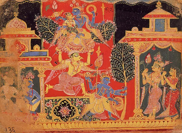 Krishna Uproots the Parijata Tree, Folio from a Bhagavata Purana... between 1525 and 1550. Creator: Unknown