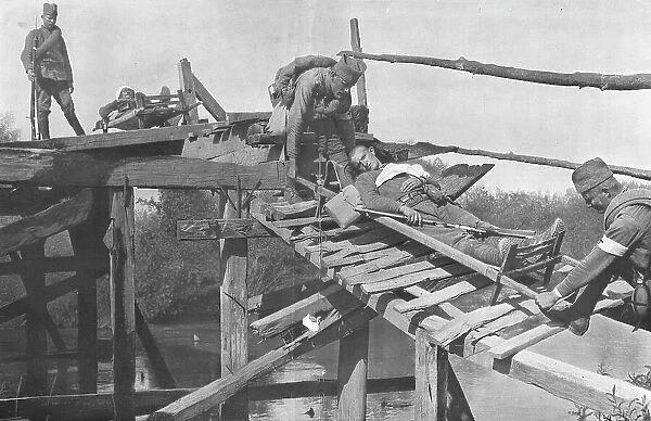 La Retraite Serbie; Evacuation des blesses sur la rive droite de la Morava, par un pont de... 1916 Creator: Vladimir Betzitch
