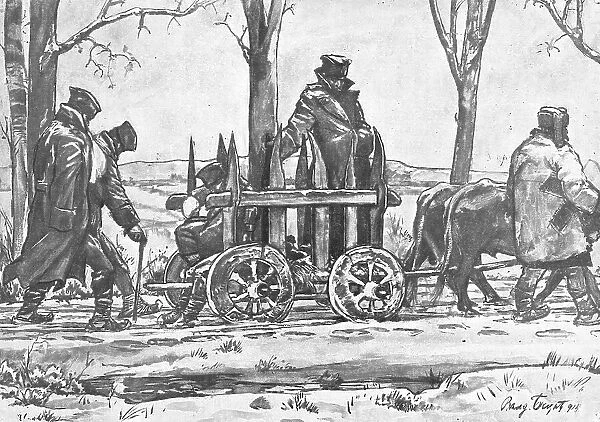 La Retraite Serbie; transport de blesses sur une charrette macedonienne. 1916. Creator: Vladimir Betzitch