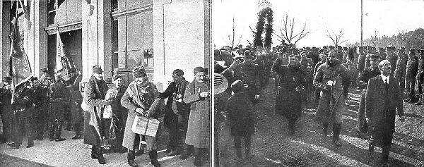 La Suisse hospitaliere; l'arrivee a Leysin, le 27 janvier 1916, des premiers prisonniers francais.. Creator: Unknown