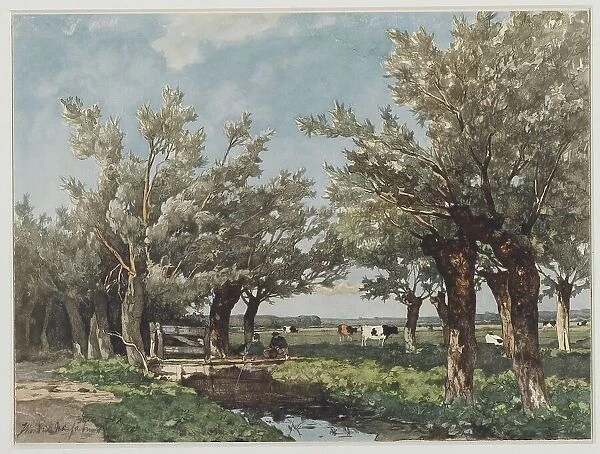 Landscape with two boys fishing in a canal, 1834-1892. Creator: Jan Hendrik Weissenbruch