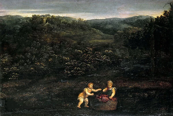 Landscape with two children and a basket of grapes, c. 1550. Creator: Bordone, Paris (1500-1571)