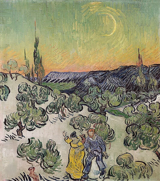Landscape with Couple Walking and Crescent Moon, 1890. Creator: Gogh, Vincent, van (1853-1890)