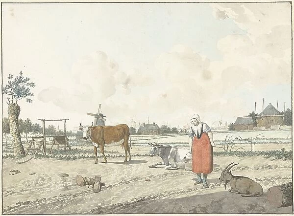 Landscape with farmer and cattle, 1700-1800. Creator: W. Barthautz