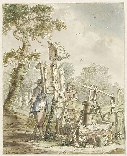 Landscape with two men at a noticeboard near a water pump, c.1750-1808. Creator: Bartholomeus Barbiers
