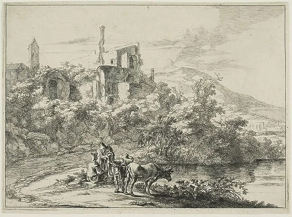 Landscape with Ruins and Two Cows at the Waterside, from a series of four horizontal... 1645 / 50. Creator: Jan Dirksz Both