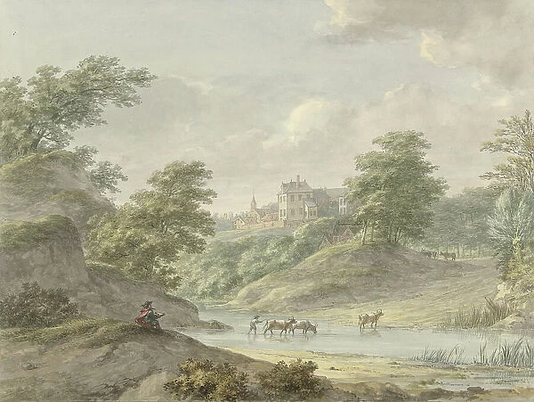 Landscape with a seated draftsman and a castle on the water, 1754-1820. Creator: Hermanus Numan