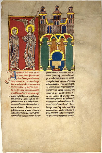 Leaf from a Beatus Manuscript: the Angel of the Church of Sardis with Saint John, ca