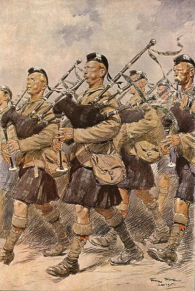 'Les joueurs de cornemuse du 'Sutherland Highlanders', 1915. Creator: Georges Bertin Scott. 'Les joueurs de cornemuse du 'Sutherland Highlanders', 1915. Creator: Georges Bertin Scott