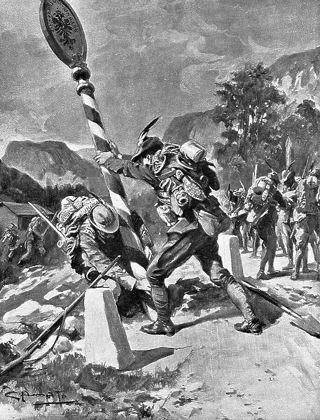 les premieres operations Italiennes; les 'Alpini' renversent le poteau frontiere, 1915. Creator: G d'Amalo. les premieres operations Italiennes; les 'Alpini' renversent le poteau frontiere, 1915. Creator: G d'Amalo