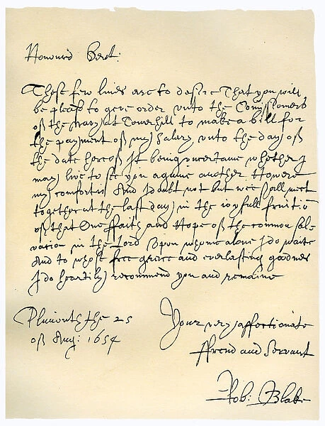 Letter from Admiral Robert Blake to the Commissioners of the Admiralty, 25th August 1654. Artist: Robert Blake