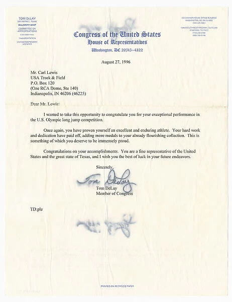 Letter from US Representative Tom DeLay to Carl Lewis, August 27, 1996. Creator: Unknown